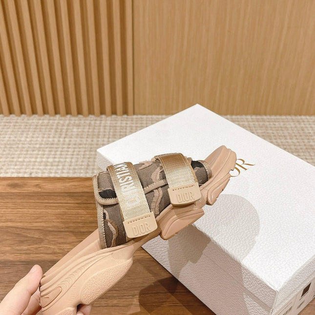 DIOR PLATFORM SLIDES 25S 30 MM IN MOSS GREEN FABRIC AND NUDE CALFSKIN