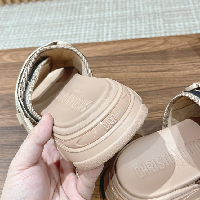 DIOR PLATFORM SLIDES 25S 30 MM IN MOSS GREEN FABRIC AND NUDE CALFSKIN