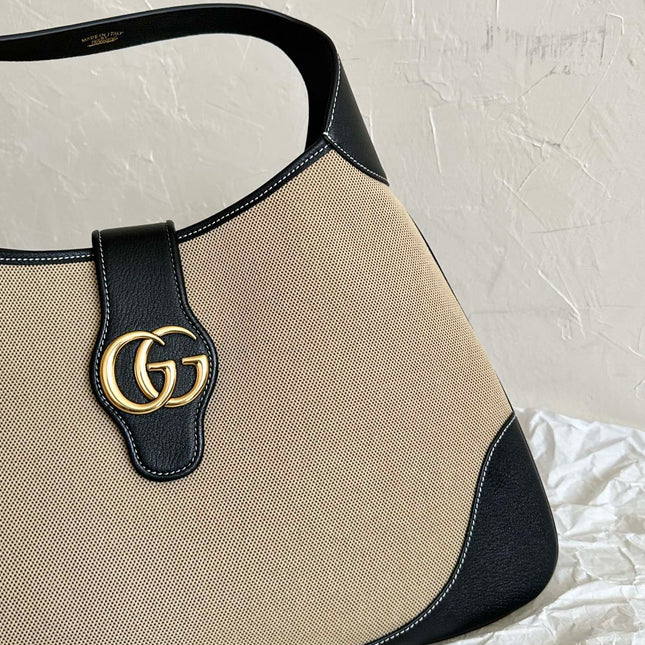 LARGE APHRODITE 47 BAG BEIGE CANVAS AND BLACK CALFSKIN