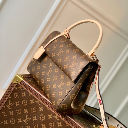 CLUNY MM HANDBAG 28 IN BROWN MONOGRAM CALFSKIN BEIGE BLACK EMBROIDERED LOGO CANVAS