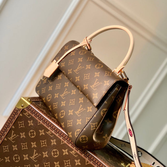 CLUNY MM HANDBAG 28 IN BROWN MONOGRAM CALFSKIN BEIGE BLACK EMBROIDERED LOGO CANVAS