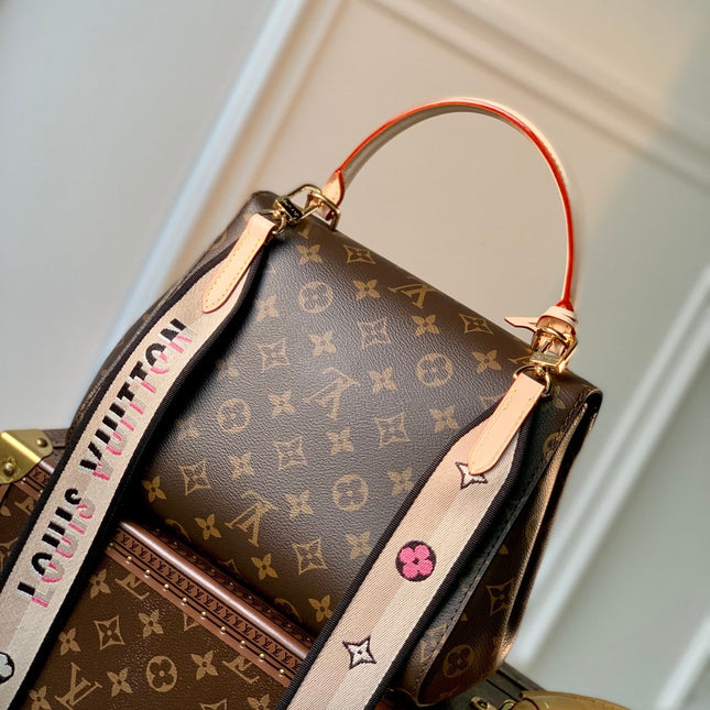 CLUNY MM HANDBAG 28 IN BROWN MONOGRAM CALFSKIN BEIGE BLACK EMBROIDERED LOGO CANVAS