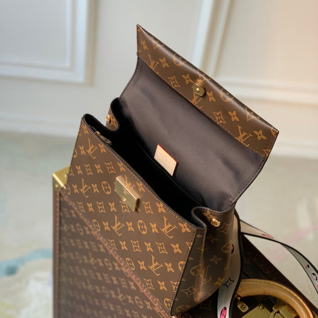 CLUNY MM HANDBAG 28 IN BROWN MONOGRAM CALFSKIN BEIGE BLACK EMBROIDERED LOGO CANVAS