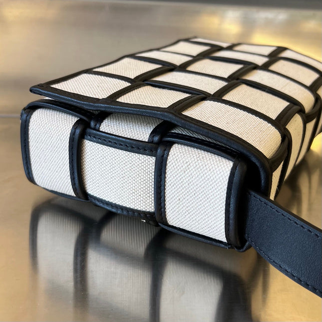 SMALL CASSETTE 23 IN WHITE CANVAS AND BLACK CALFSKIN TRIM