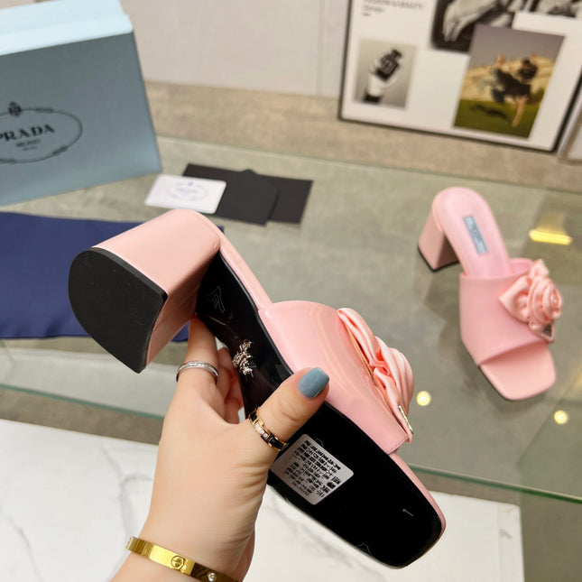 PRA FLOWER BLOCK HEELS 75 LIGHT PINK CALFSKIN