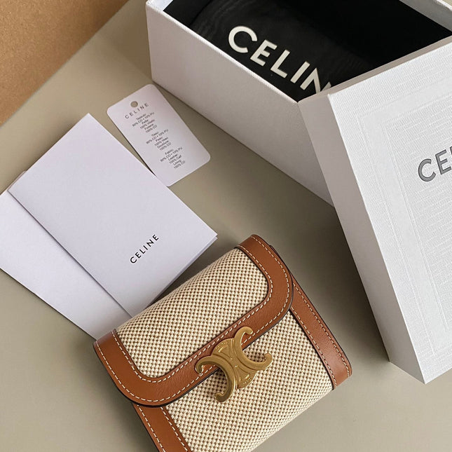 TRIPHOME 10 TRIFOLD WALLET CALFSKIN AND CANVAS WHITE BROWN