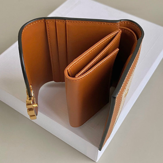 TRIPHOME 10 TRIFOLD WALLET CALFSKIN AND CANVAS WHITE BROWN