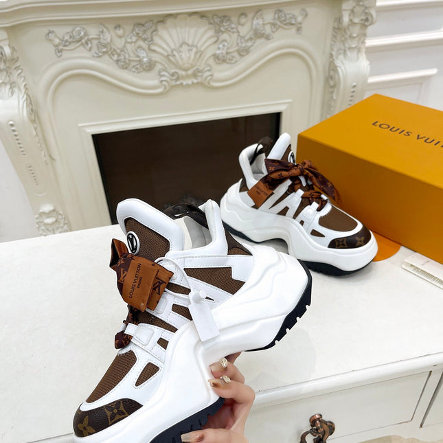LV ARCHLIGHT 2.0 PLATFORM SNEAKER IN WHITE MIX CHOCOLATE BROWN MIX OF MATERIALS