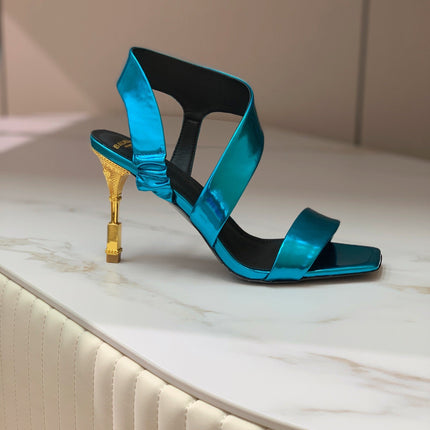 BALMAIN 25S HIGH HEEL SANDALS 95MM IN PETROL BLUE GLOSSY CALFSKIN