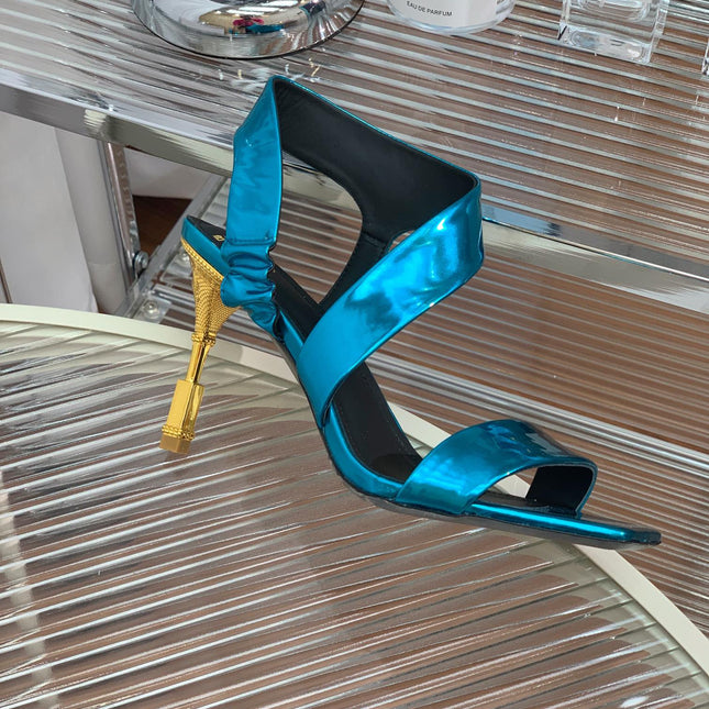 BALMAIN 25S HIGH HEEL SANDALS 95MM IN PETROL BLUE GLOSSY CALFSKIN