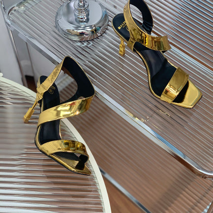 BALMAIN 25S HIGH HEEL SANDALS 95MM IN GOLD GLOSSY CALFSKIN