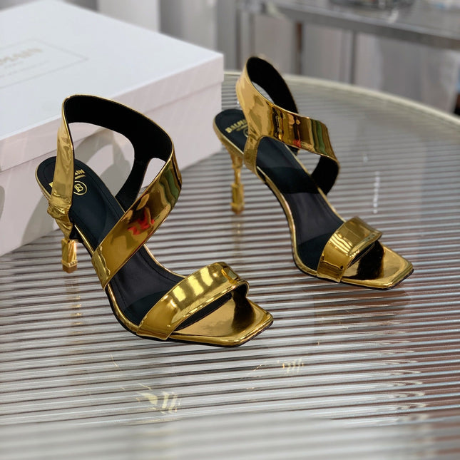 BALMAIN 25S HIGH HEEL SANDALS 95MM IN GOLD GLOSSY CALFSKIN
