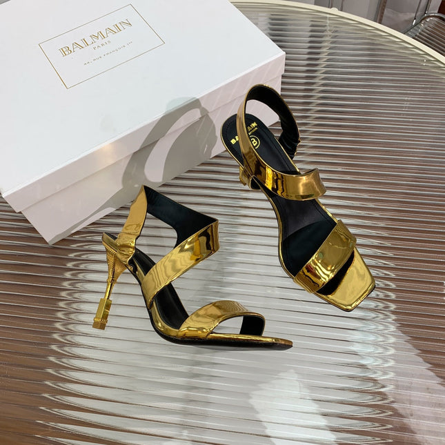 BALMAIN 25S HIGH HEEL SANDALS 95MM IN GOLD GLOSSY CALFSKIN