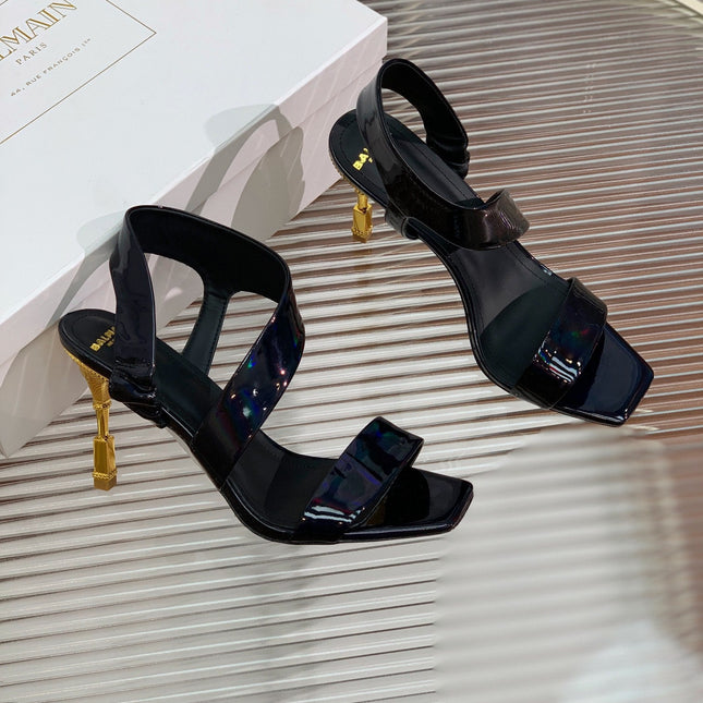 BALMAIN 25S HIGH HEEL SANDALS 95MM IN BLACK GLOSSY CALFSKIN