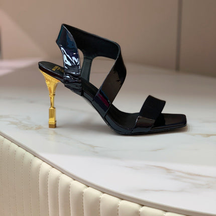 BALMAIN 25S HIGH HEEL SANDALS 95MM IN BLACK GLOSSY CALFSKIN