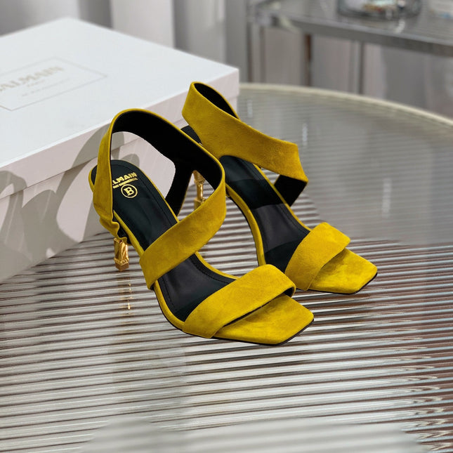 BALMAIN 25S HIGH HEEL SANDALS 95MM IN GOLDEN YELLOW SUEDE