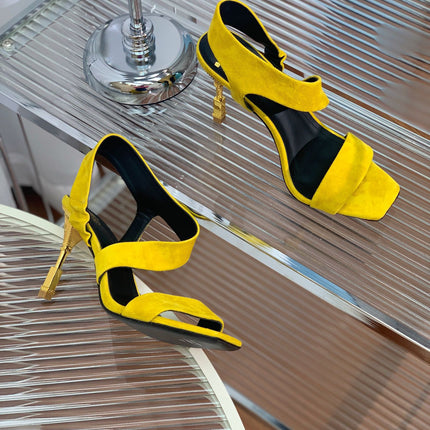 BALMAIN 25S HIGH HEEL SANDALS 95MM IN GOLDEN YELLOW SUEDE