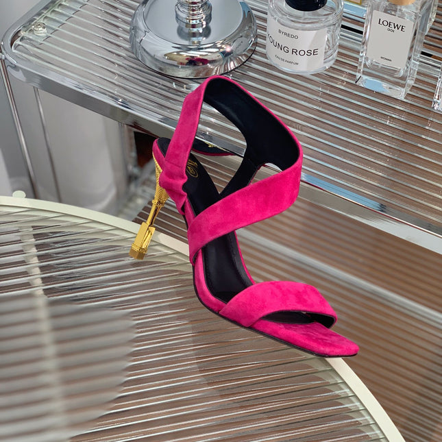 BALMAIN 25S HIGH HEEL SANDALS 95MM IN FUCHSIA SUEDE