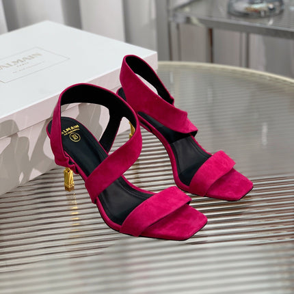 BALMAIN 25S HIGH HEEL SANDALS 95MM IN FUCHSIA SUEDE