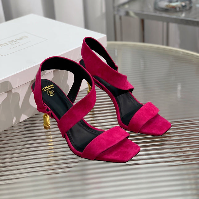 BALMAIN 25S HIGH HEEL SANDALS 95MM IN FUCHSIA SUEDE