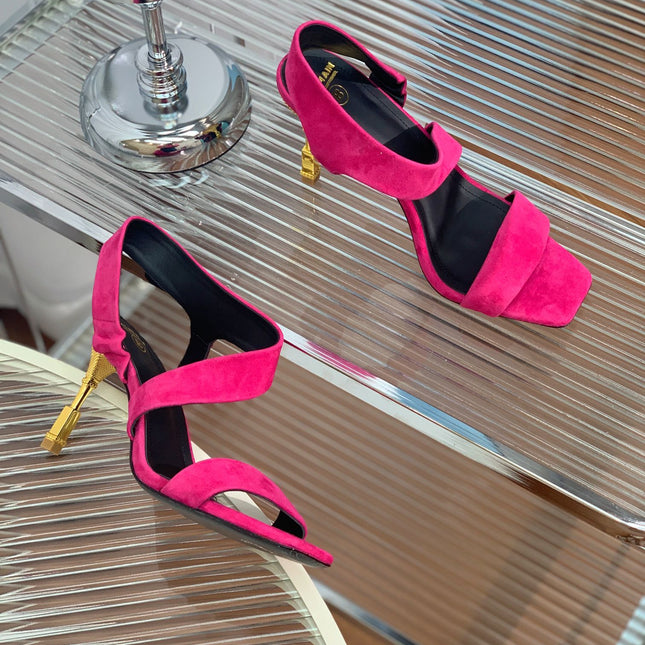 BALMAIN 25S HIGH HEEL SANDALS 95MM IN FUCHSIA SUEDE