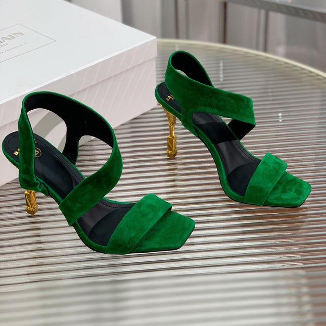 BALMAIN 25S HIGH HEEL SANDALS 95MM IN DARK GREEN SUEDE