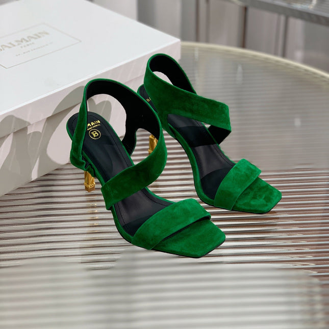 BALMAIN 25S HIGH HEEL SANDALS 95MM IN DARK GREEN SUEDE