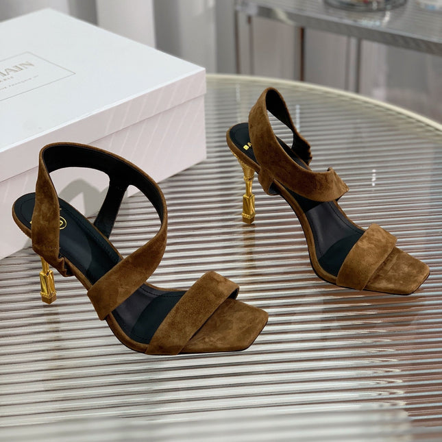 BALMAIN 25S HIGH HEEL SANDALS 95MM IN BROWN SUEDE