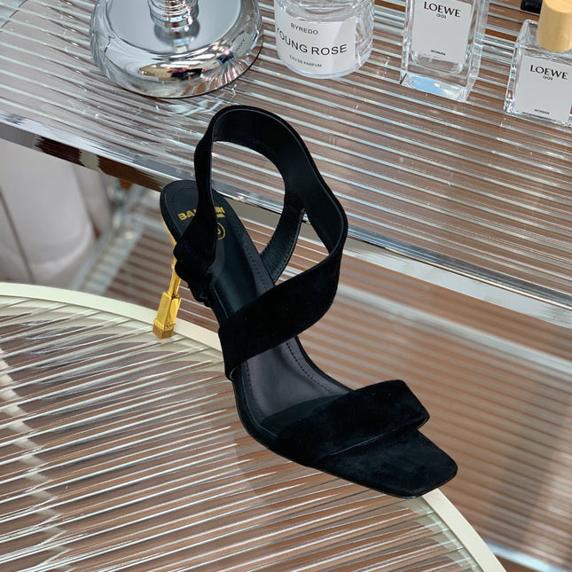 BALMAIN 25S HIGH HEEL SANDALS 95MM IN BLACK SUEDE