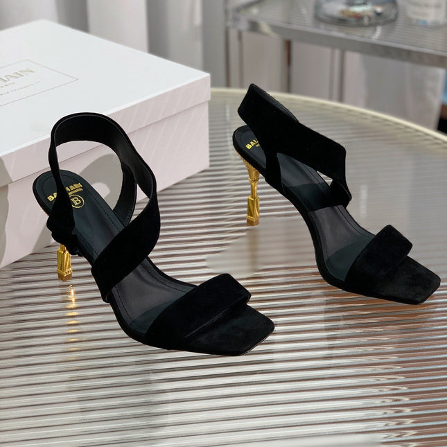 BALMAIN 25S HIGH HEEL SANDALS 95MM IN BLACK SUEDE