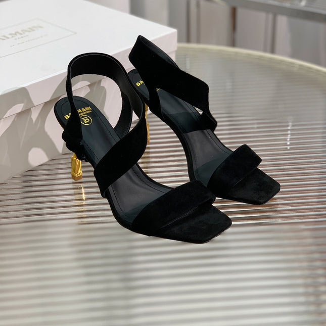 BALMAIN 25S HIGH HEEL SANDALS 95MM IN BLACK SUEDE