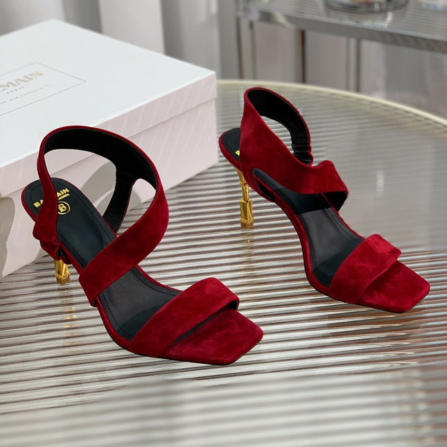 BALMAIN 25S HIGH HEEL SANDALS 95MM IN DARK CRIMSON SUEDE