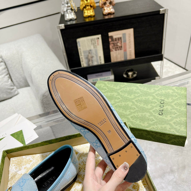 MEN'S LOAFER WITH HORSEBIT IN LIGHT BLUE MONOGRAM JACQUARD FABRIC