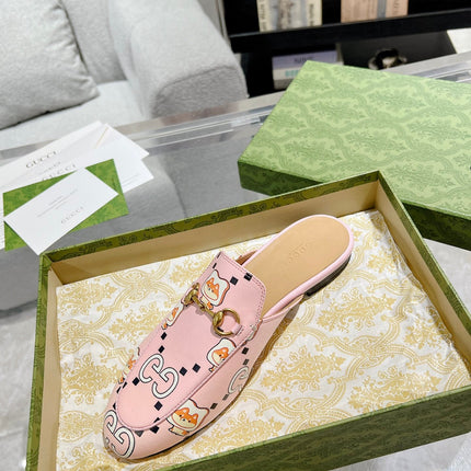 HORSEBIT SLIPPER MULE WITH CUTE CAT PRINT IN LIGHT PINK CALFSKIN