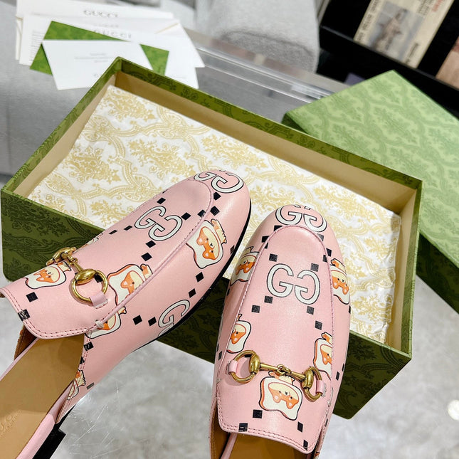 HORSEBIT SLIPPER MULE WITH CUTE CAT PRINT IN LIGHT PINK CALFSKIN