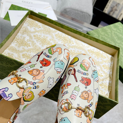 HORSEBIT SLIPPER MULE WITH CUTE ANIMAL PRINT IN WHITE CALFSKIN