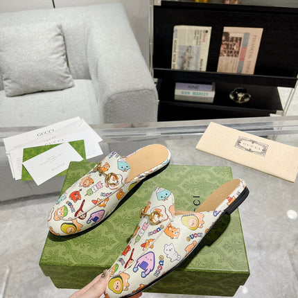 HORSEBIT SLIPPER MULE WITH CUTE ANIMAL PRINT IN WHITE CALFSKIN