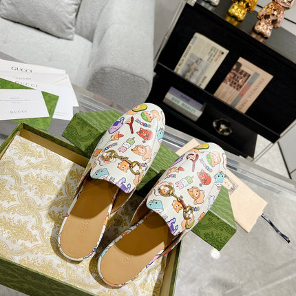 HORSEBIT SLIPPER MULE WITH CUTE ANIMAL PRINT IN WHITE CALFSKIN