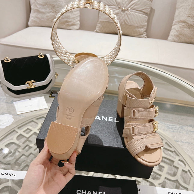 Double C  Xiaoxiang Chain Fabric Head Chunky Heel Sandals Cream Lambskin
