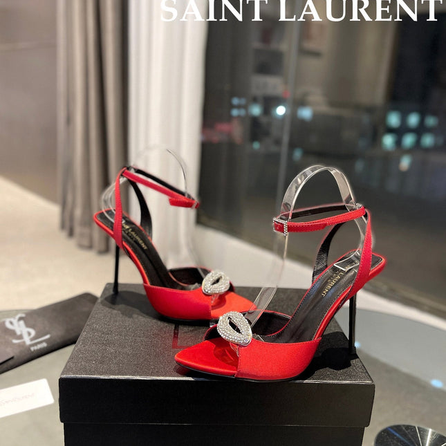 SL AYERS CRYSTAL SANDAL RED SATIN