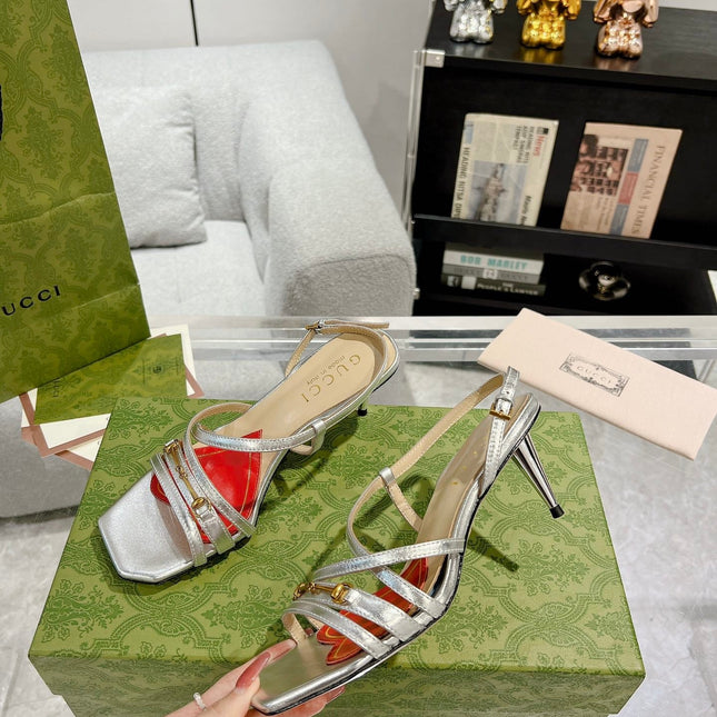 GG CLASSIC STRAPPY HEEL SANDAL SILVER CALFSKIN