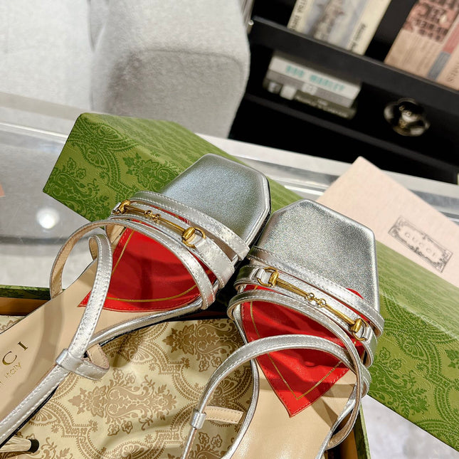 GG CLASSIC STRAPPY HEEL SANDAL SILVER CALFSKIN