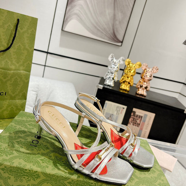 GG CLASSIC STRAPPY HEEL SANDAL SILVER CALFSKIN