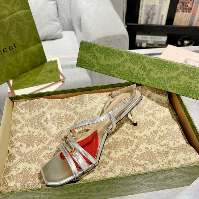 GG CLASSIC STRAPPY HEEL SANDAL SILVER CALFSKIN