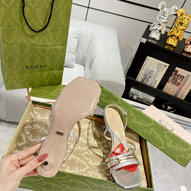 GG CLASSIC STRAPPY HEEL SANDAL SILVER CALFSKIN
