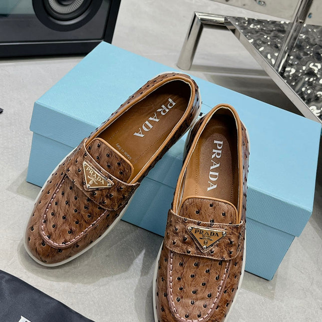 PRA OSTRICH PATTERN LOAFERS CARAMEL CALFSKIN