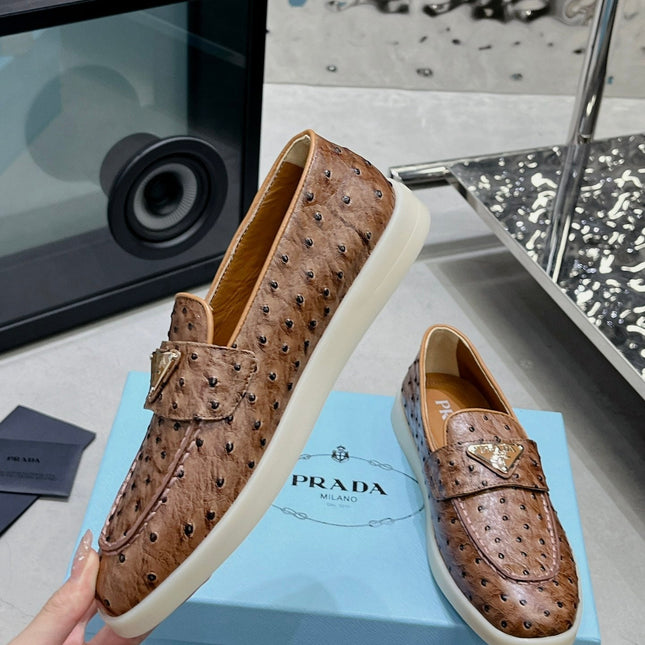 PRA OSTRICH PATTERN LOAFERS CARAMEL CALFSKIN
