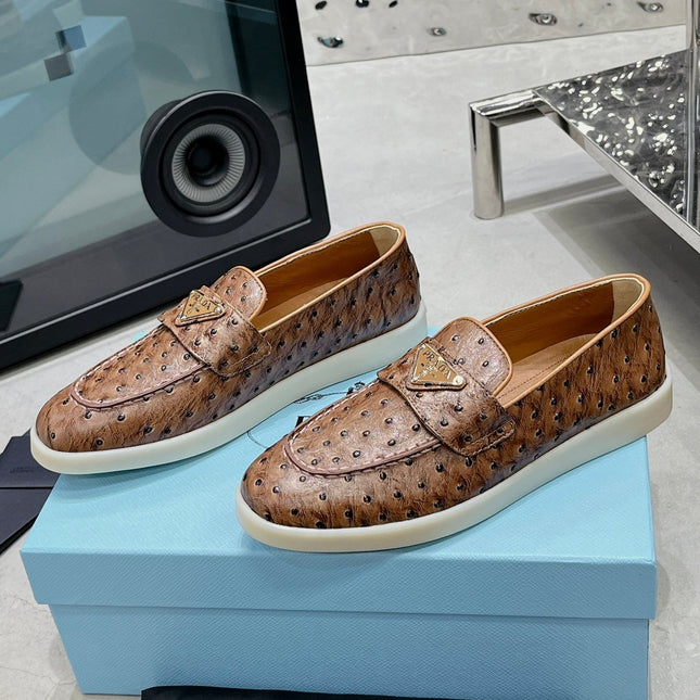 PRA OSTRICH PATTERN LOAFERS CARAMEL CALFSKIN