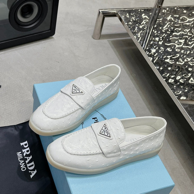 PRA OSTRICH PATTERN LOAFERS WHITE CALFSKIN