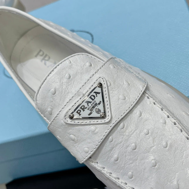 PRA OSTRICH PATTERN LOAFERS WHITE CALFSKIN